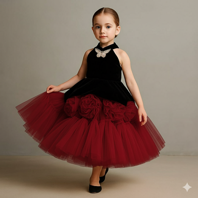 RTD Pre Order: Elegant Black Velvet And Red Net Gown