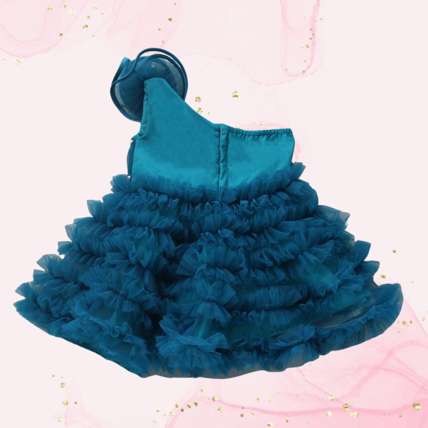 Pre Order: Teal Swirl One Shoulder Frilled Dress