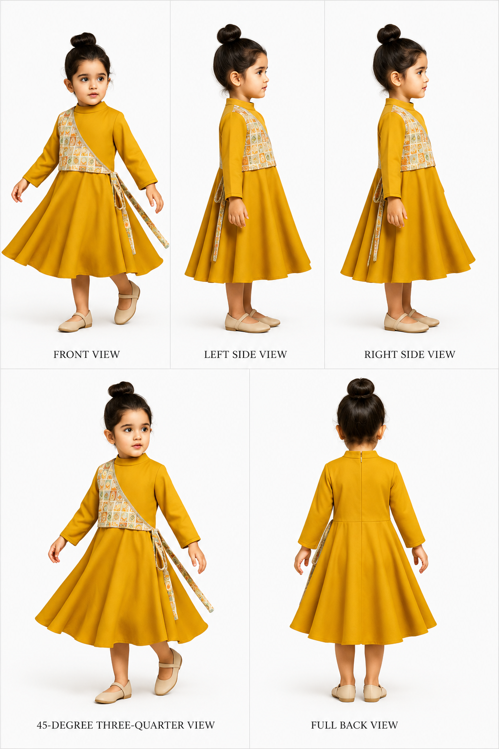 Pre Order: Mustard Flared Kurti With Multicolour Printed One Shoulder Attached Jacket