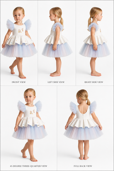 RTD Pre Order: Unicorn Embroidered Yoke Neoprene White And Light Blue Dress