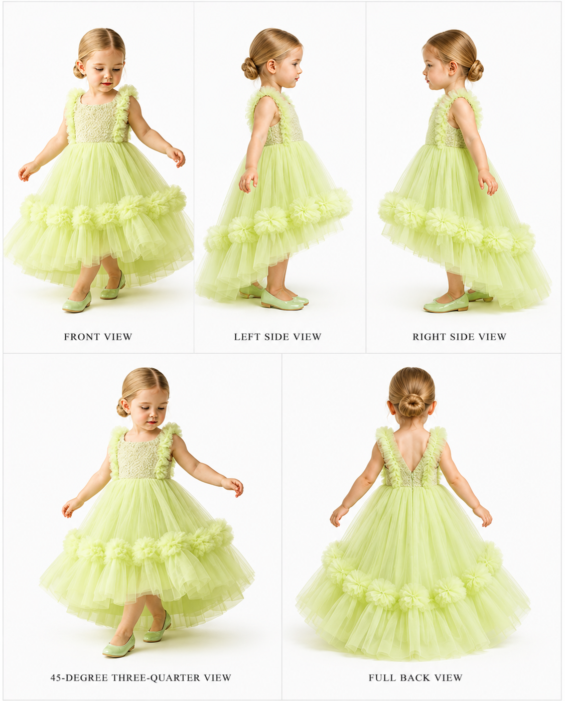 Pre Order: Embroidered Yoke Ruffle Hem Green Dress With Detachable Trail