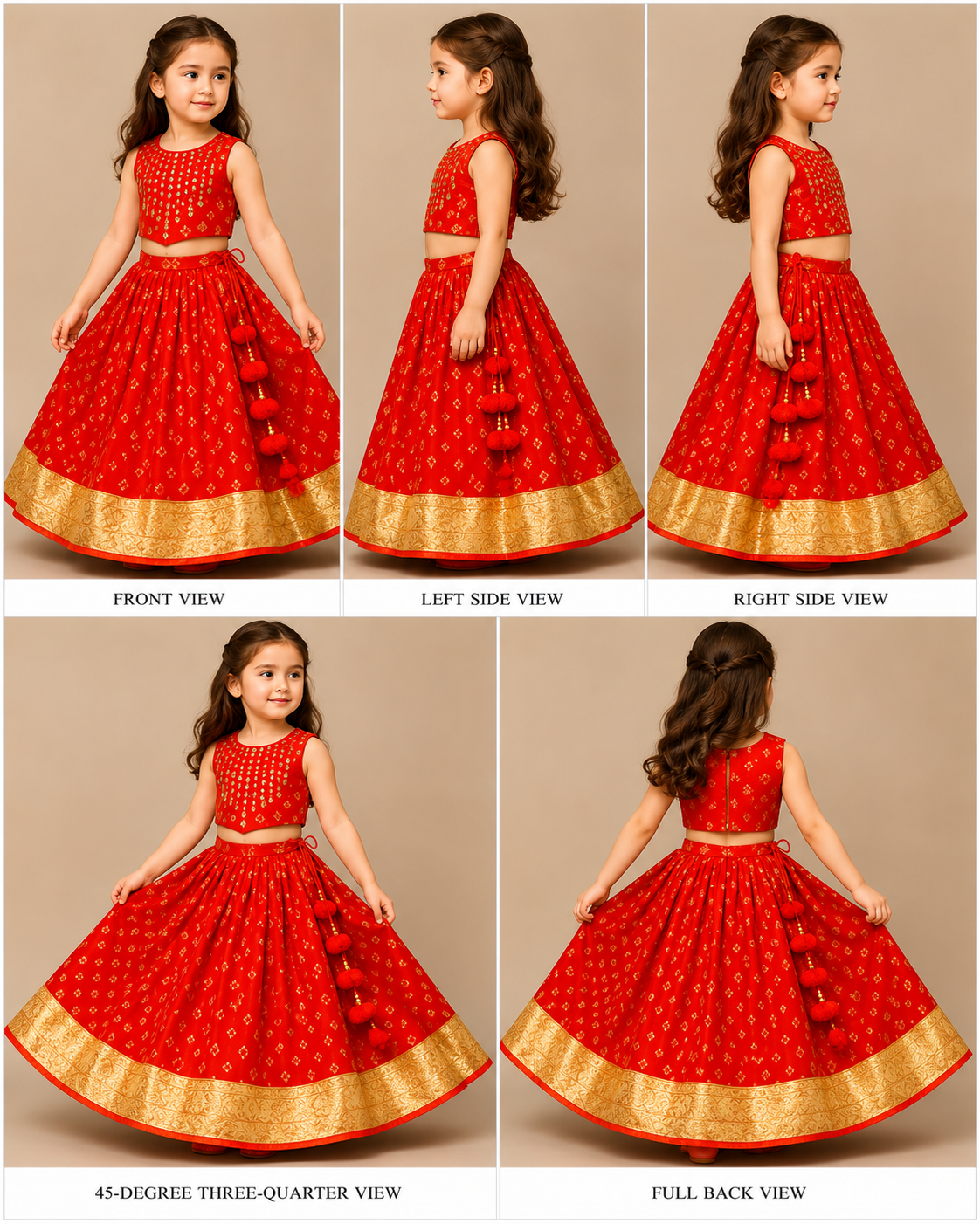 Pre Order: Red Mirror Embroidered Bandhej Printed Top With Matching Lehenga