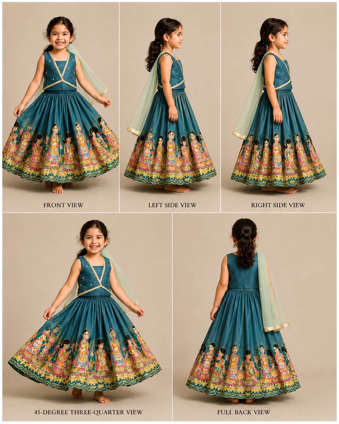Blue Pin Tuck Top And Ethnic Printed Lehenga With Green Dupatta