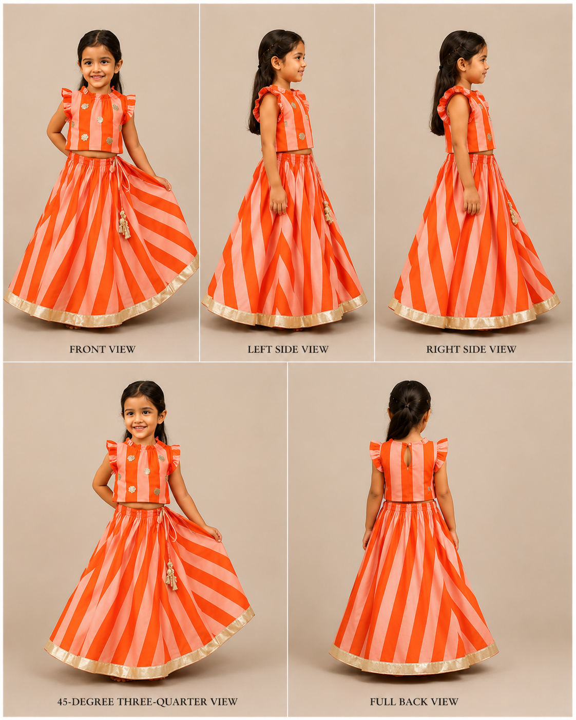 Pre Order: Orange Pink Striped Floral Top With Matching Lehenga