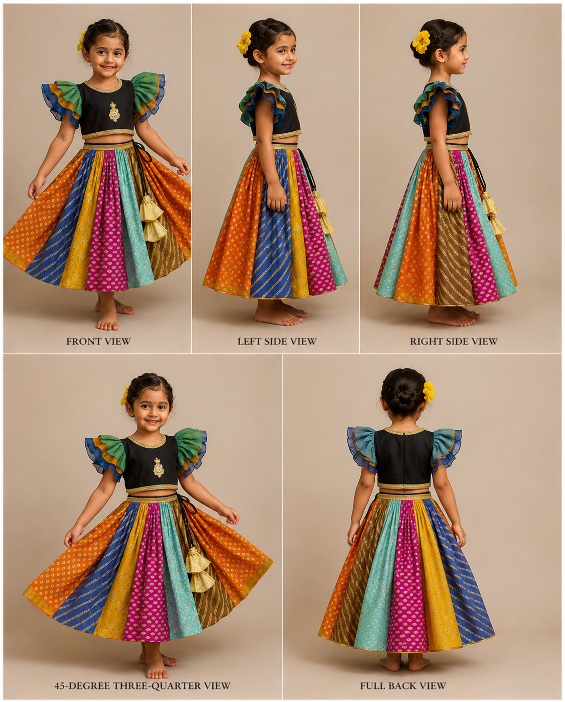 Pre Order: Black Top With Frilly Sleeves And Multicolored Lehenga