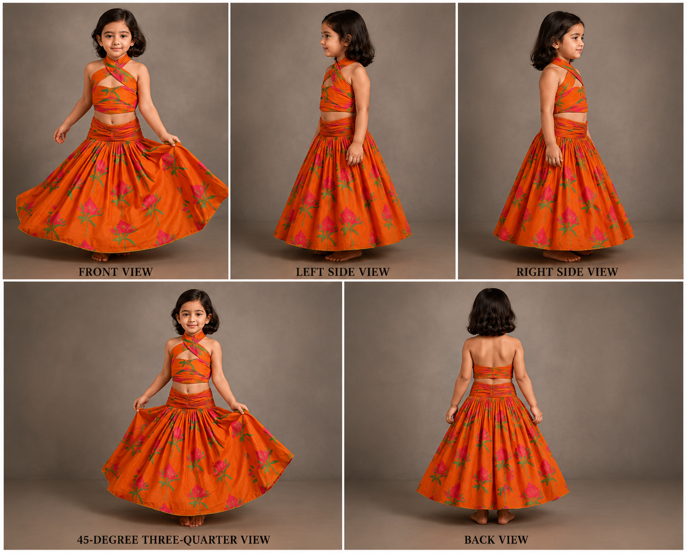 Pre Order: Stylish Drape-Detail Floral Printed Top And Lehenga