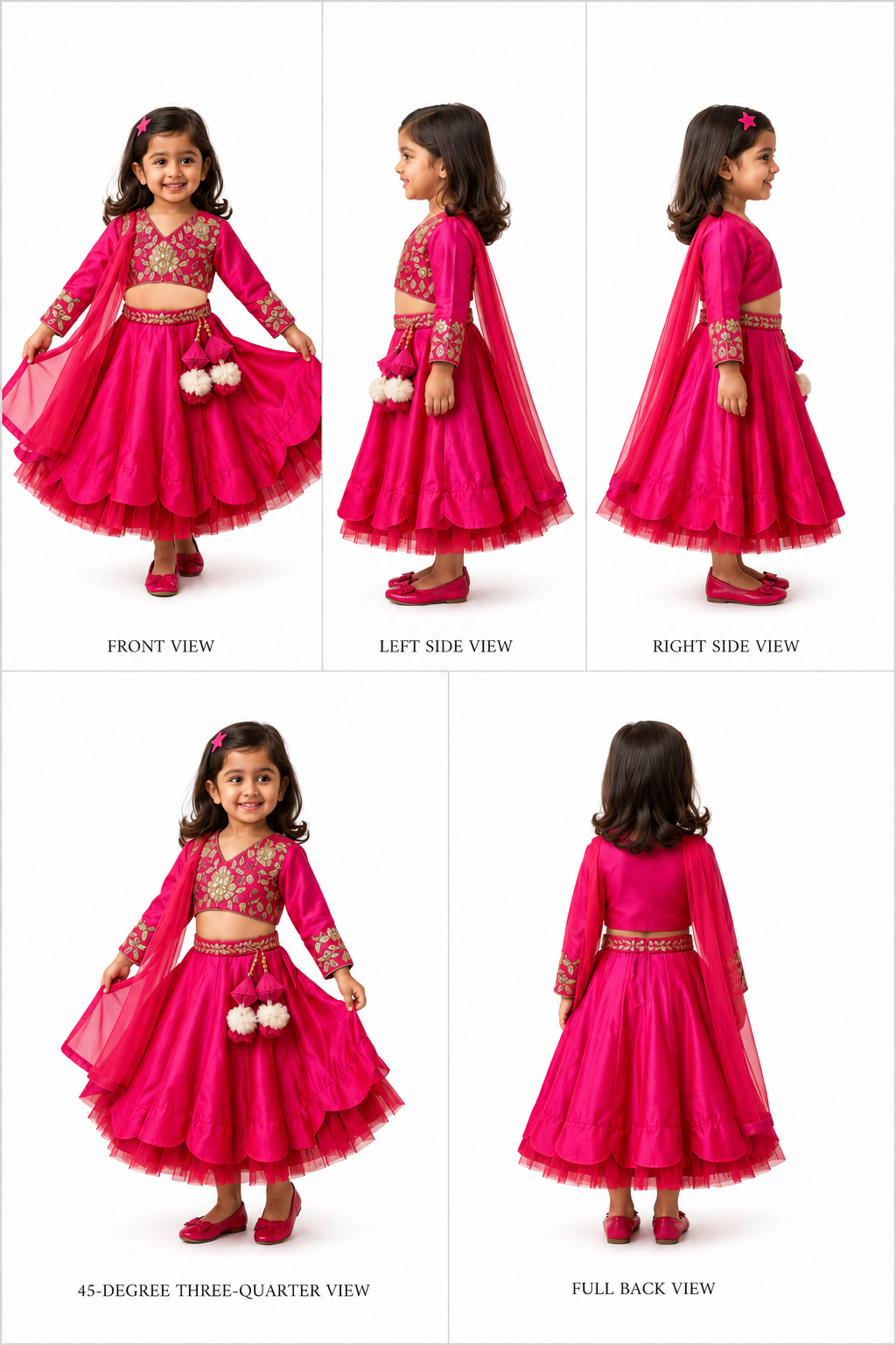 Pre Order: V Neck Floral Embroidered Top And Scalloped Hem Lehenga With Net Dupatta