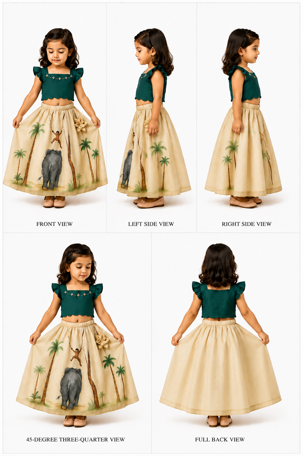 Pre Order: Jungle Off White lehenga And Teal Hand Painted Top