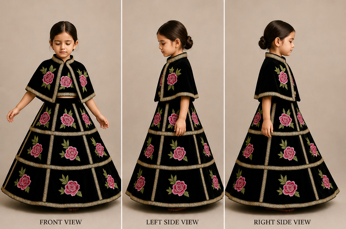 Pre Order: Black Velvet Embroidered Lace Detailed Strap Top With Cape And Lehenga