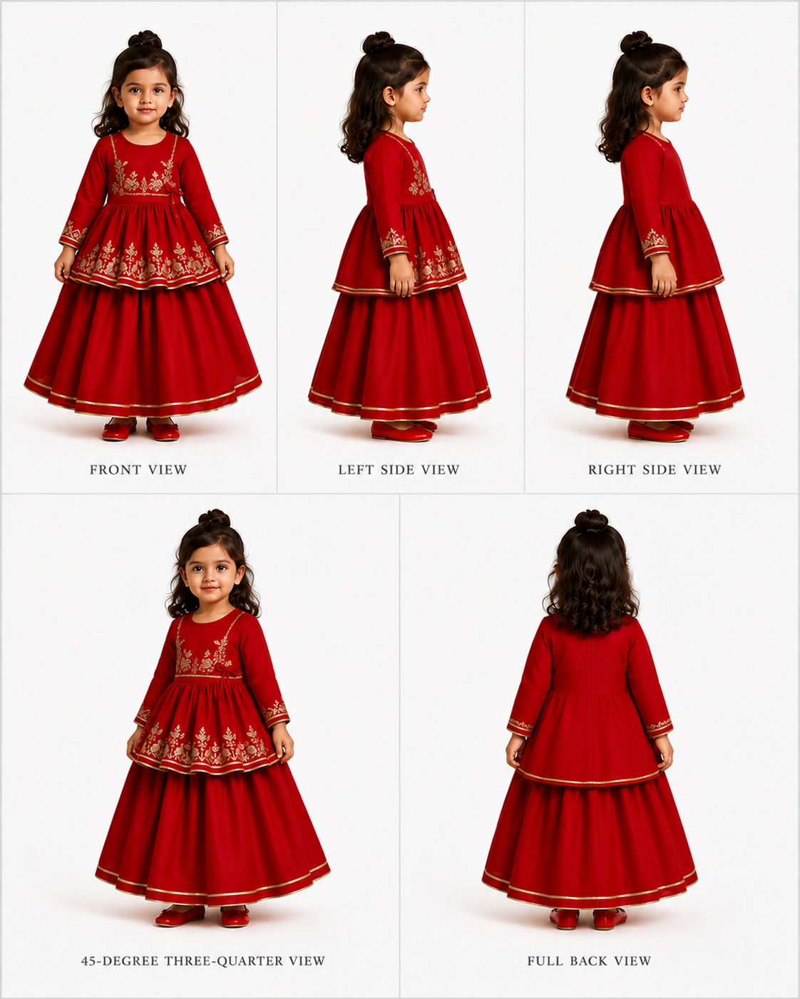 Pre Order: Red Embroidered Angarkha Style Peplum Top And Lehenga
