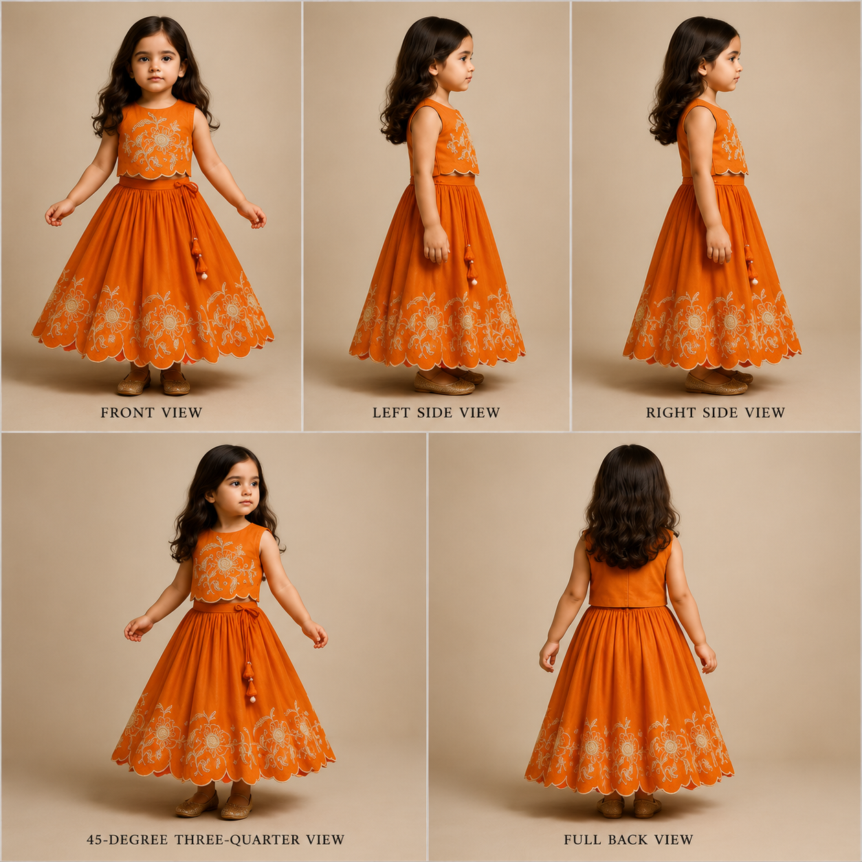 Pre Order: Orange Embroidered Dual Back Knot Detailed Top And Lehenga With Scalloped Hem Detailing