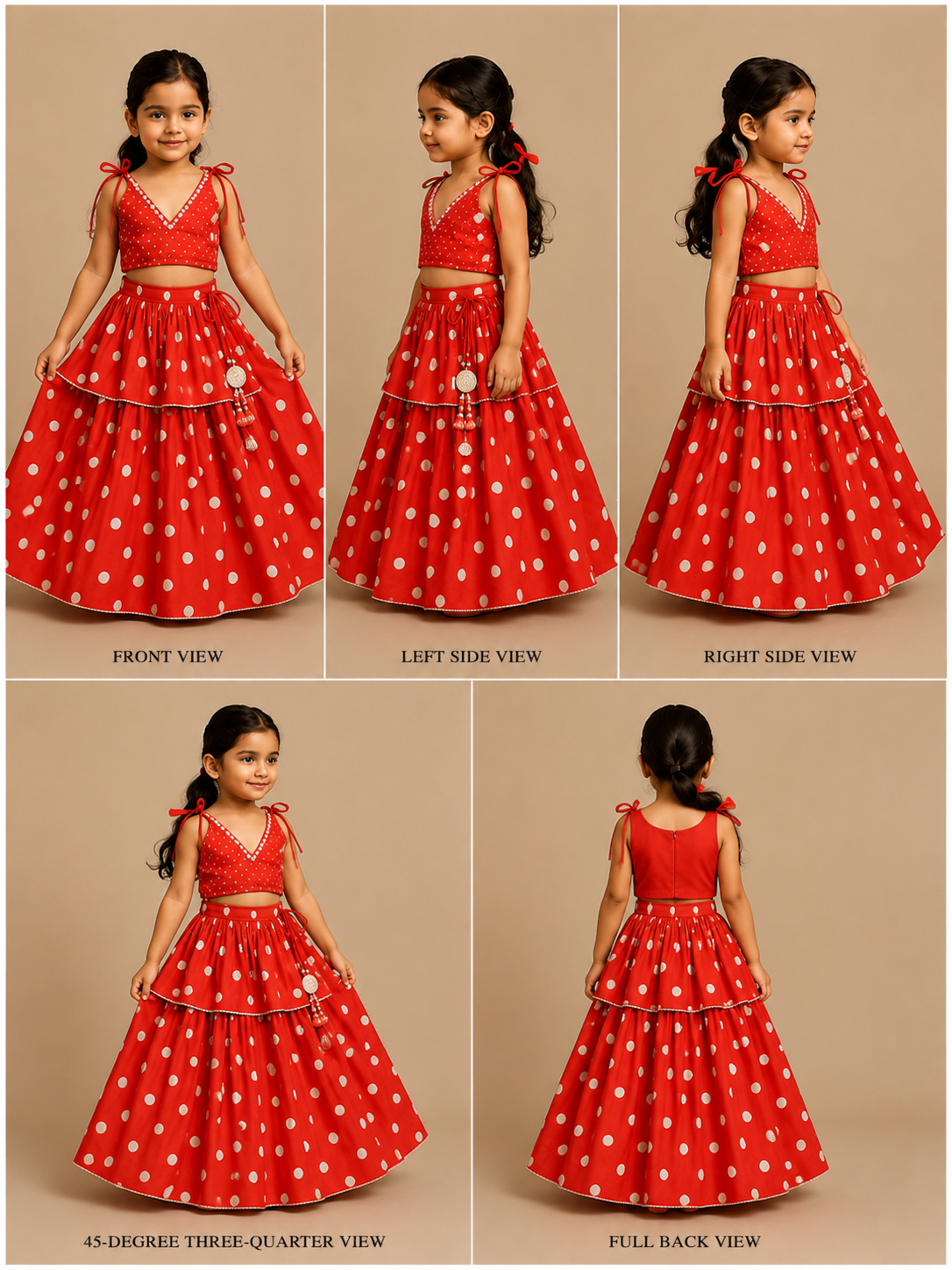 Pre Order: Dot Printed Tie Up Strap Top And Layered Lehenga