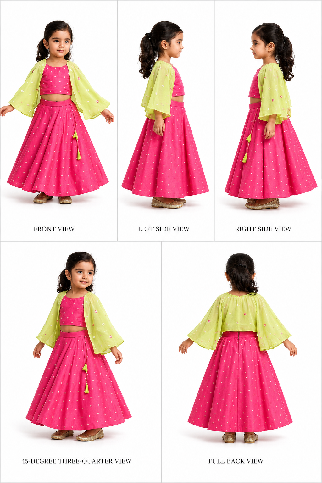Pre Order: Pink Printed Embroidered Top With Green Contrast Flared Sleeves And Lehenga
