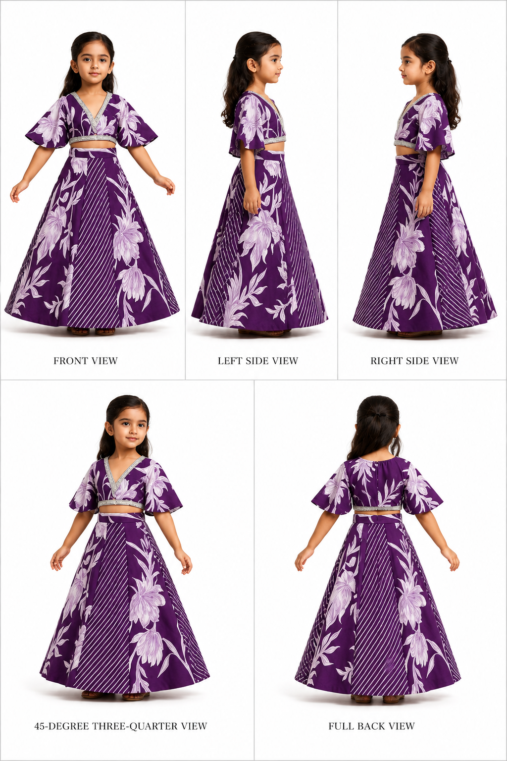Pre Order: Purple Stylish Printed Embellished Top And Flared Lehenga