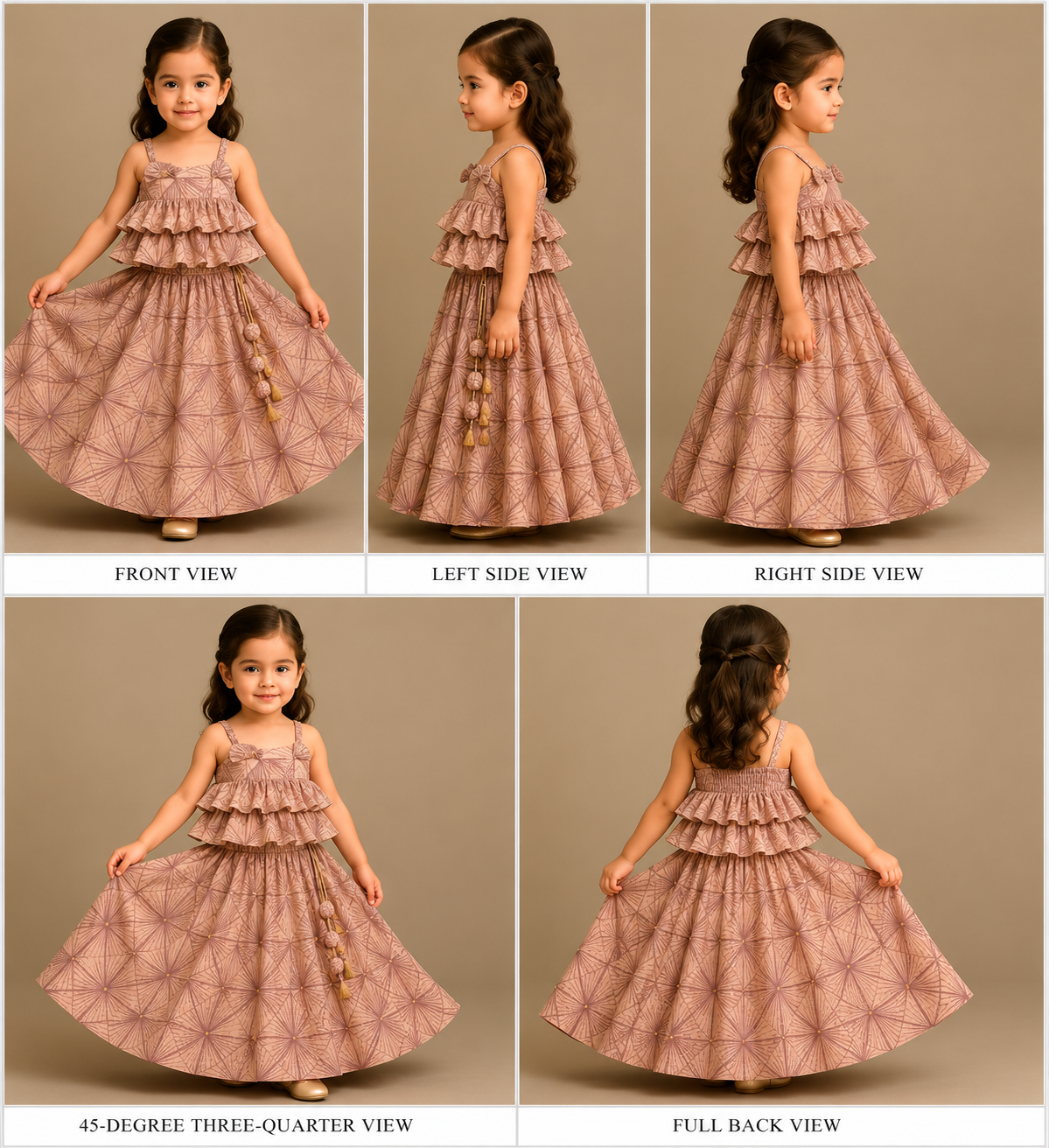 Pre Order: Peach Embroidered Strappy Ruffle Layered Top and Lehenga