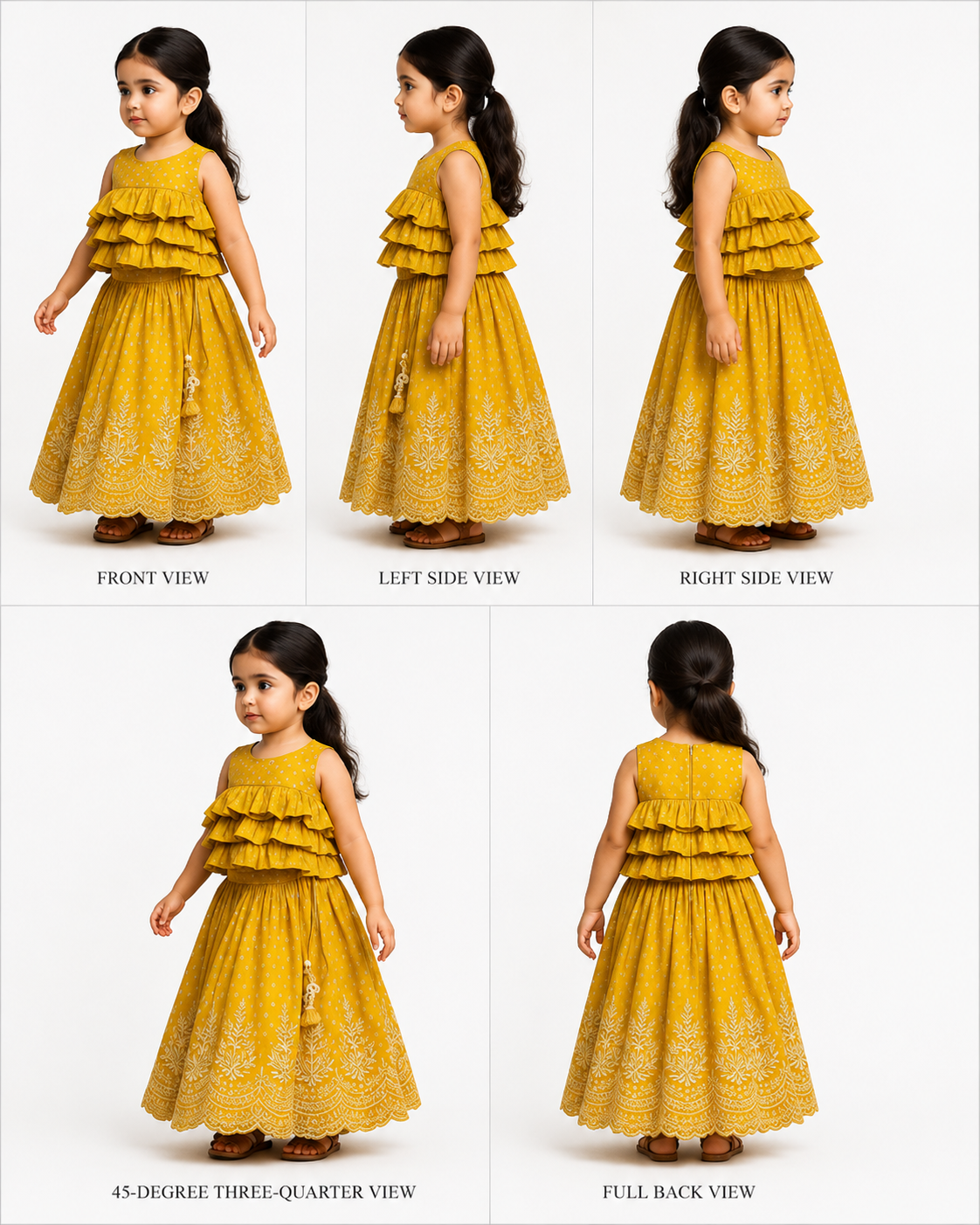 Pre Order: Chanderi Printed Mustard Ruffled Top And Embroidered Lehenga