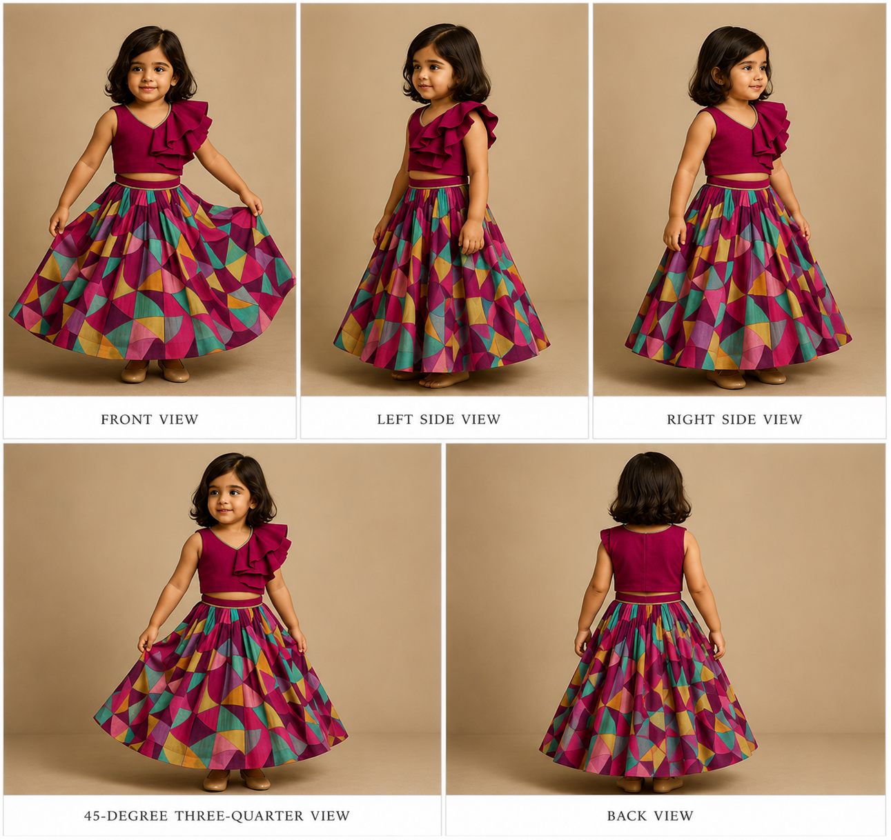 Pre Order: Lace And Ruffle Detailed Top With Multicolour Printed Lehenga
