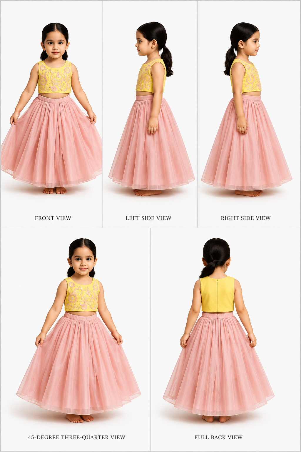 Pre Order: Yellow Embroidered Top And Pink Flared Lehenga