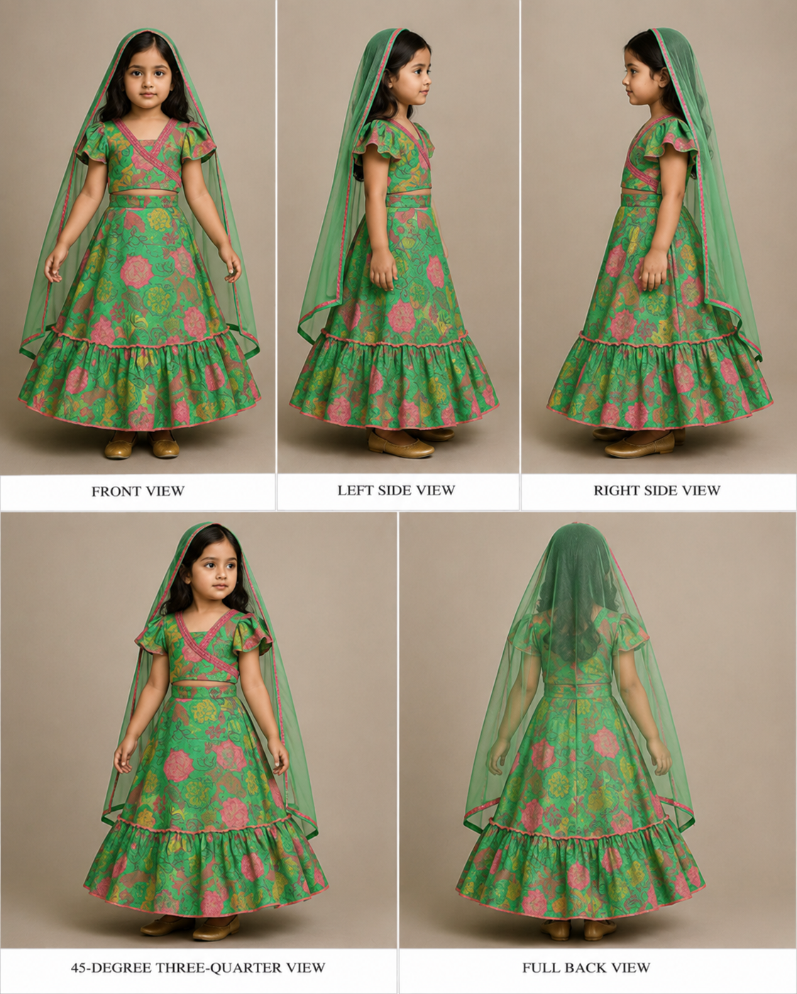 Pre Order: Green Printed Faux Mirror Work Top and Lehenga