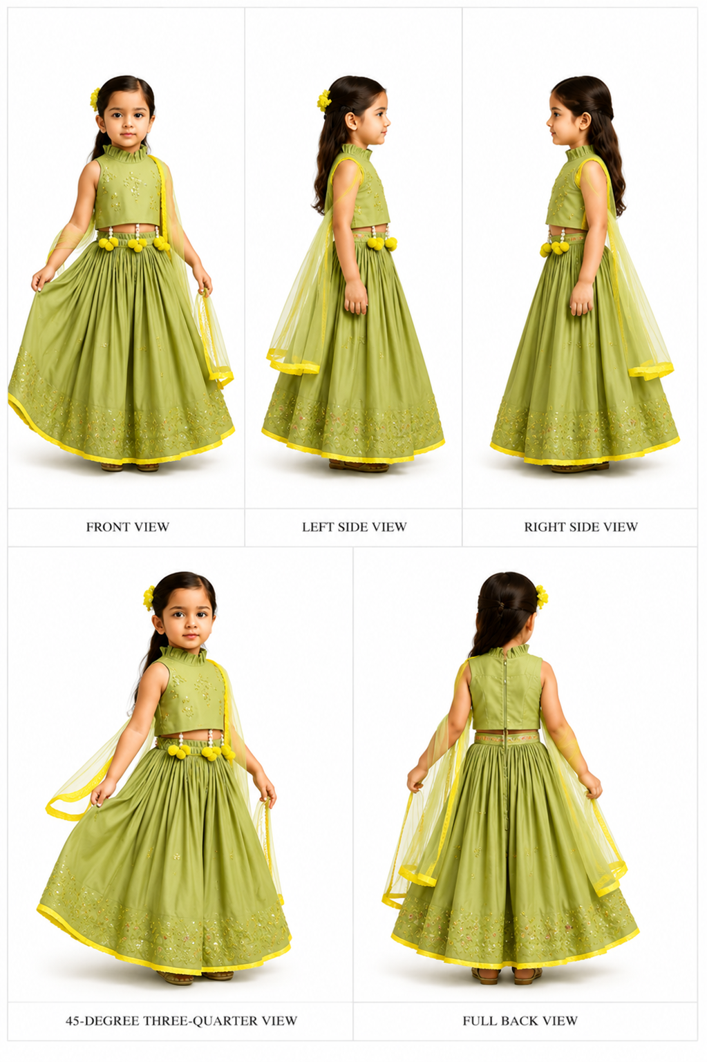 Pre Order: Faux Mirror Work Green Top And Lehenga With Net Dupatta