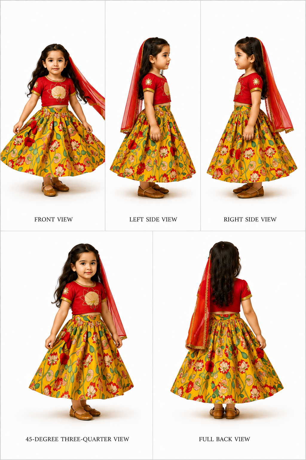 Pre Order: Red Top With Lotus Printed Lehenga And Fringed Dupatta