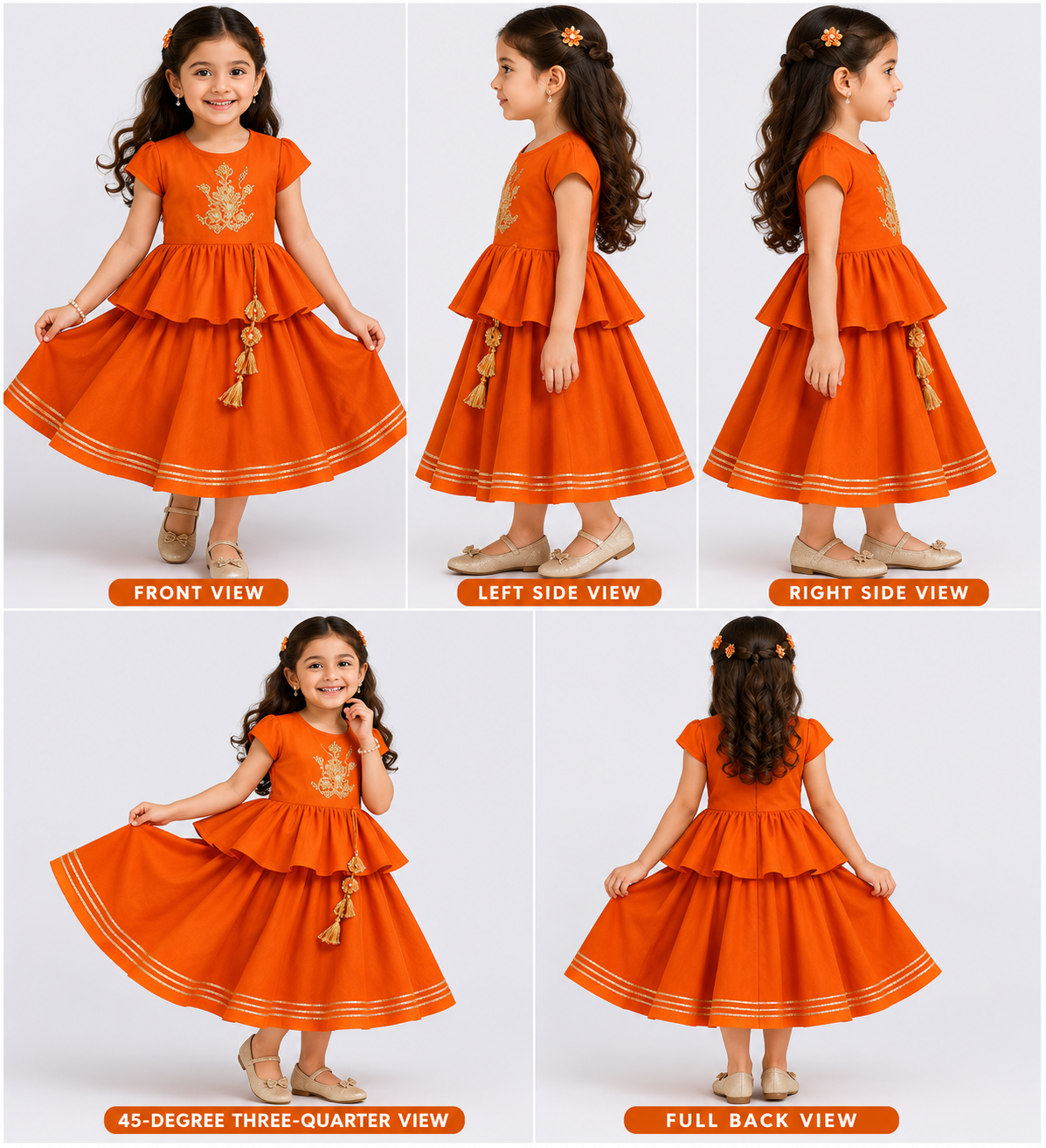 (Girl) Pre Order: Embroidered Orange Dual Flaps Top And Lehenga