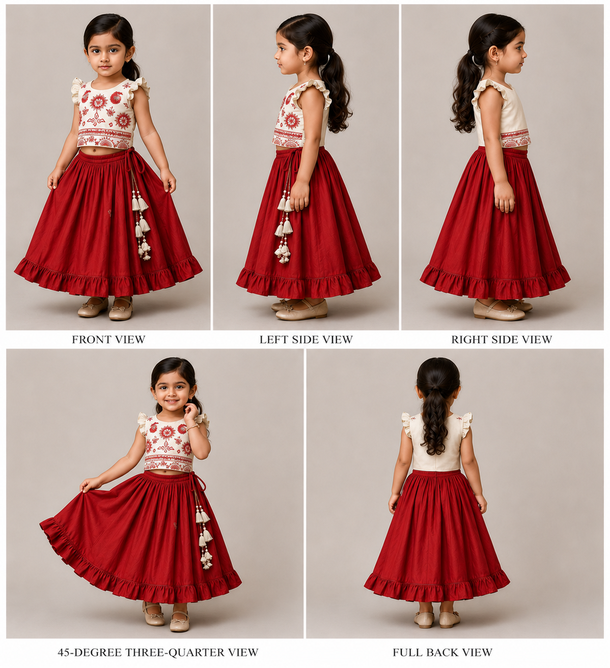 Pre Order: Back Knot Detail Beige Embroidered Top And Ruffle Hem Lehenga
