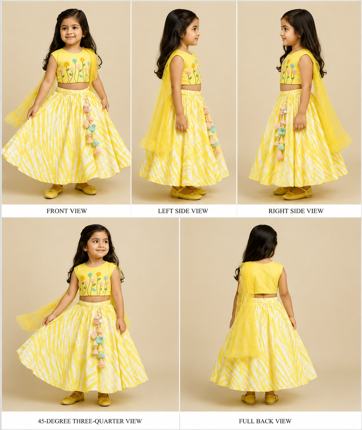 Pre Order: Yellow Top And Shibori Printed Lehenga With Ruffle Dupatta