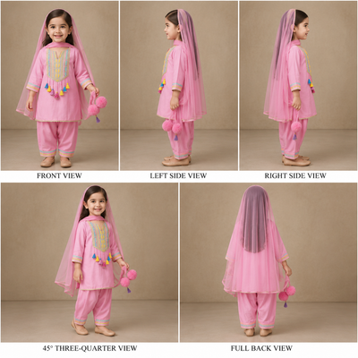 Pre Order: Pink Gota Lace Work Kurti And Salwar With Matching Dupatta