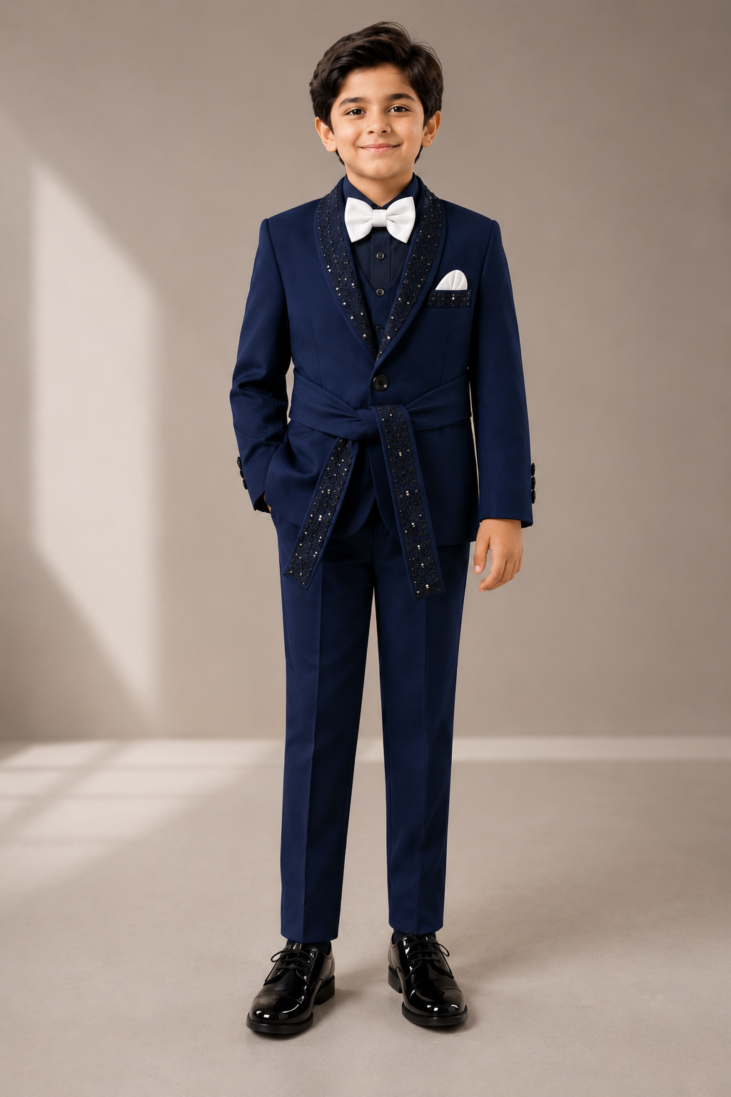 White Crystal-Studded Belted Tuxedo Set