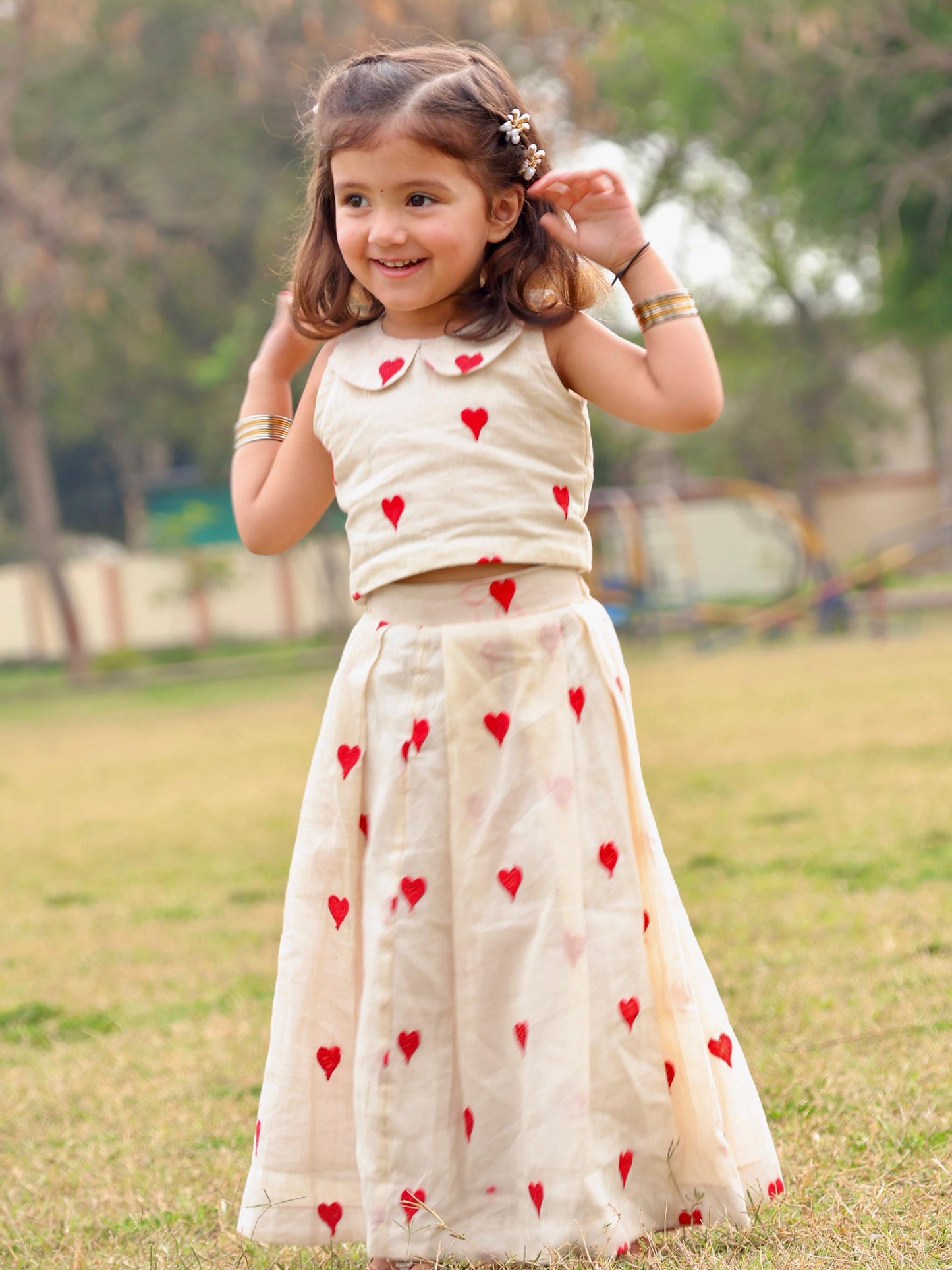 Peter Pan Hearts Embroidered Stylish Tie Knot Strap Top And Lehenga
