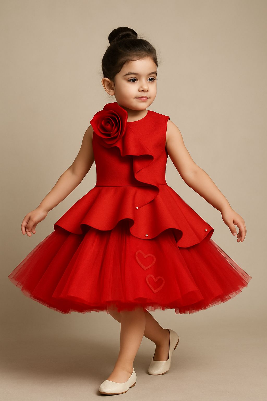 Pre Order: Exclusive Rose Embellished Frilly Red Scuba Dress