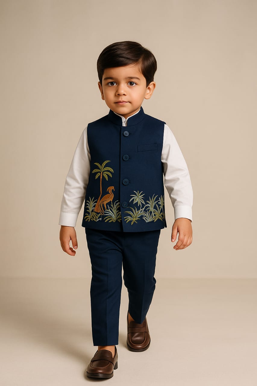 RTD Pre Order: Shirt And Jungle Theme Embroidered Blue Jacket With Pant