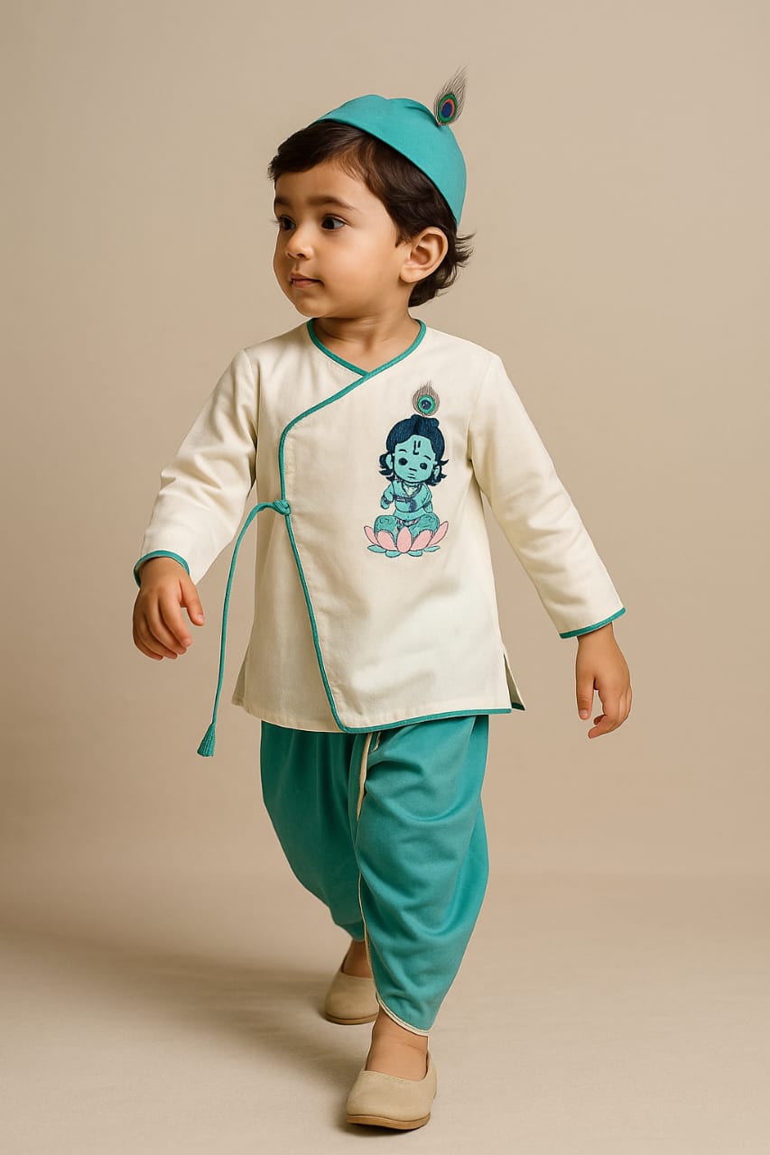 Pre Order: Krishna Embroidered Angrakha Style Kurta With Lace Work Green Dhoti