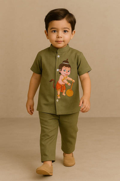 RTD Olive Hanuman Hand Painted Coord Set