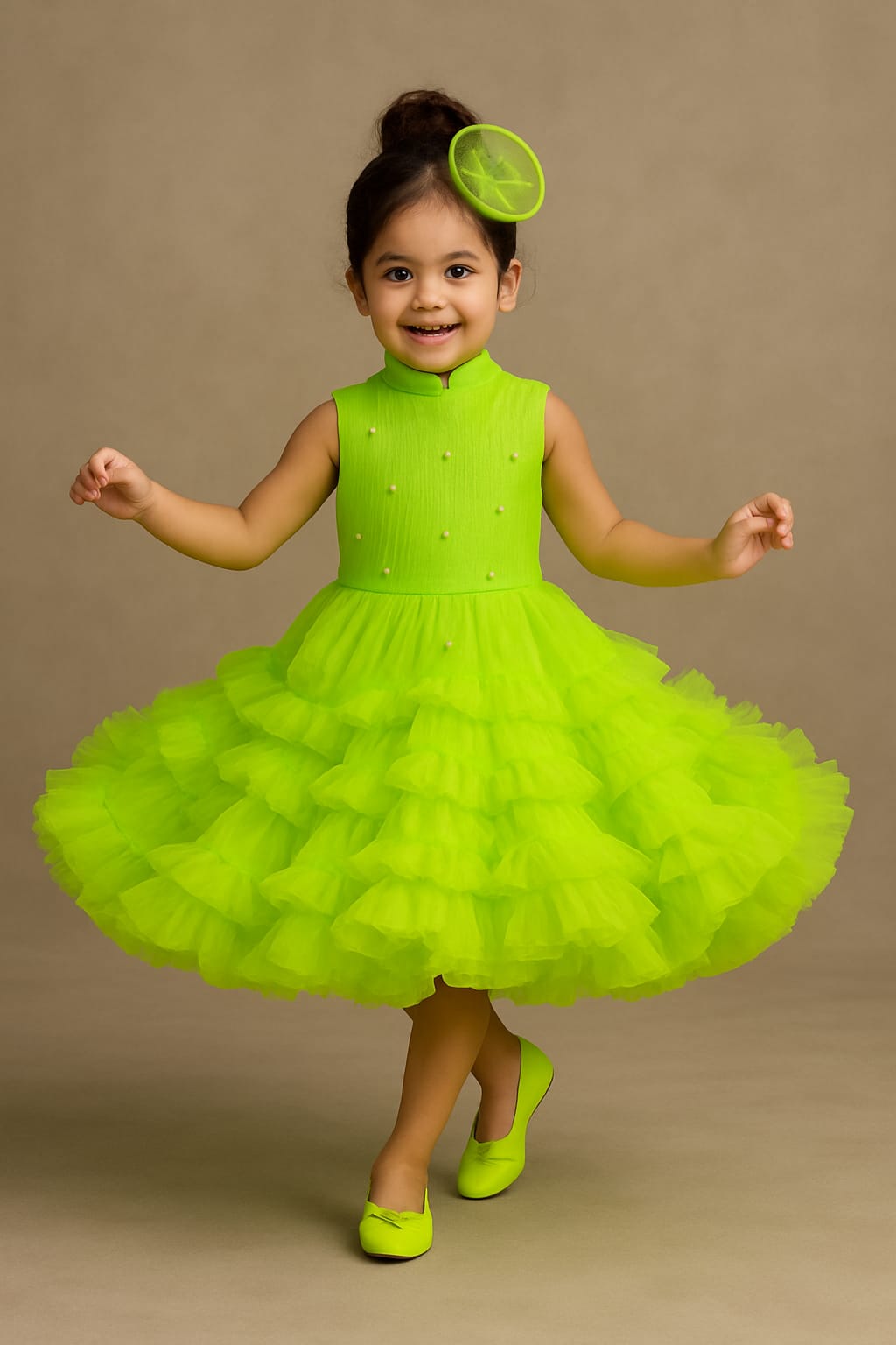 Pre Order: Eva Neon Green Net Pearl Embellished Dress