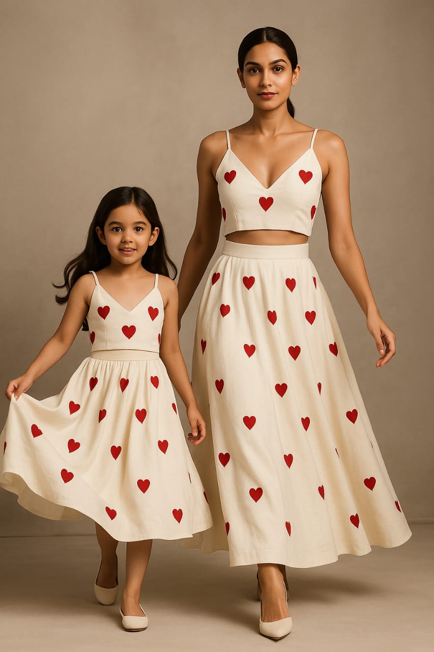 Pre Order: Hearts Embroidered Stylish Tie Knot Strap Top And Skirt