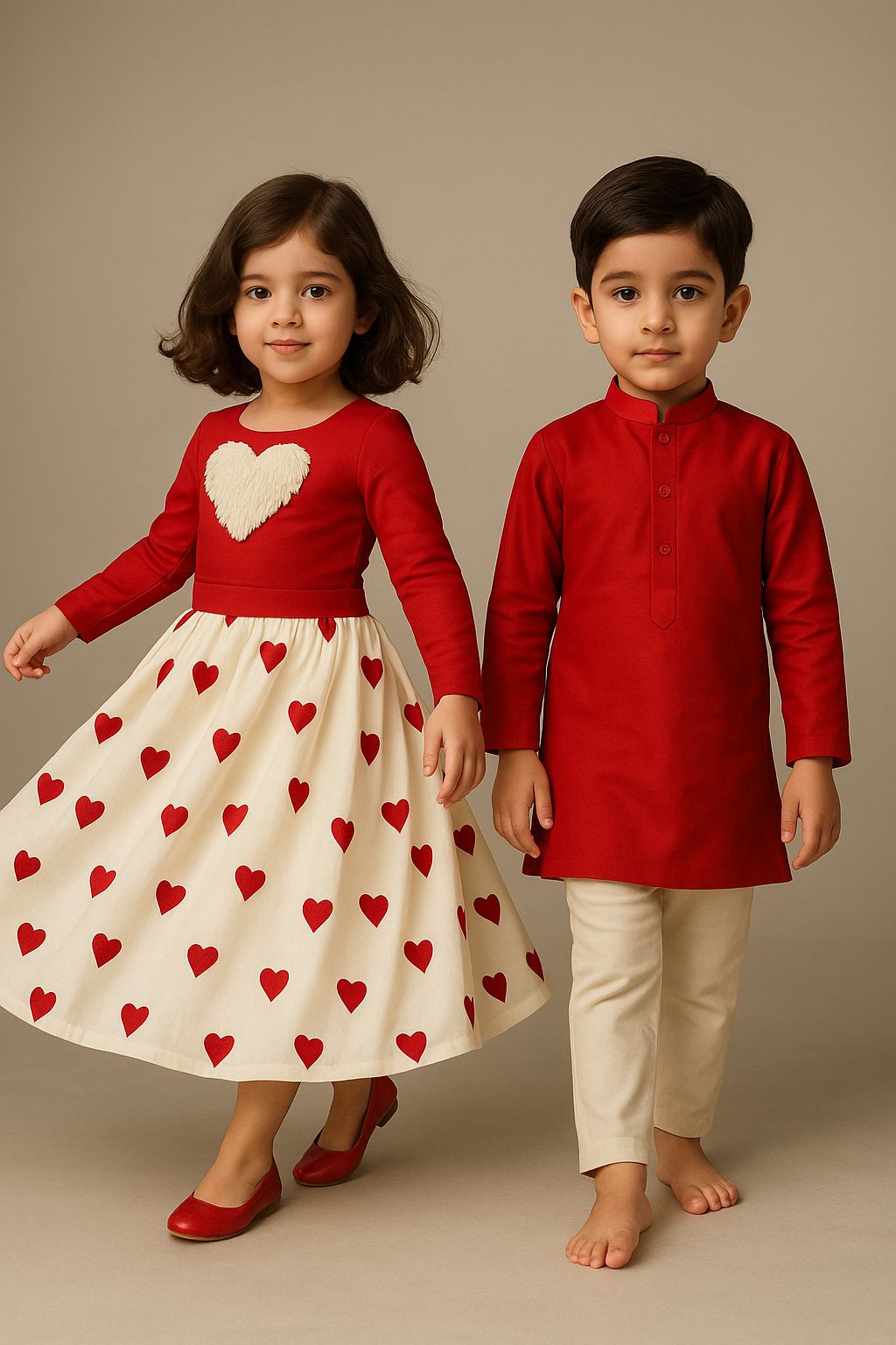 (Girl)Pre Order: Heart Embroidered Red And Off White Dress