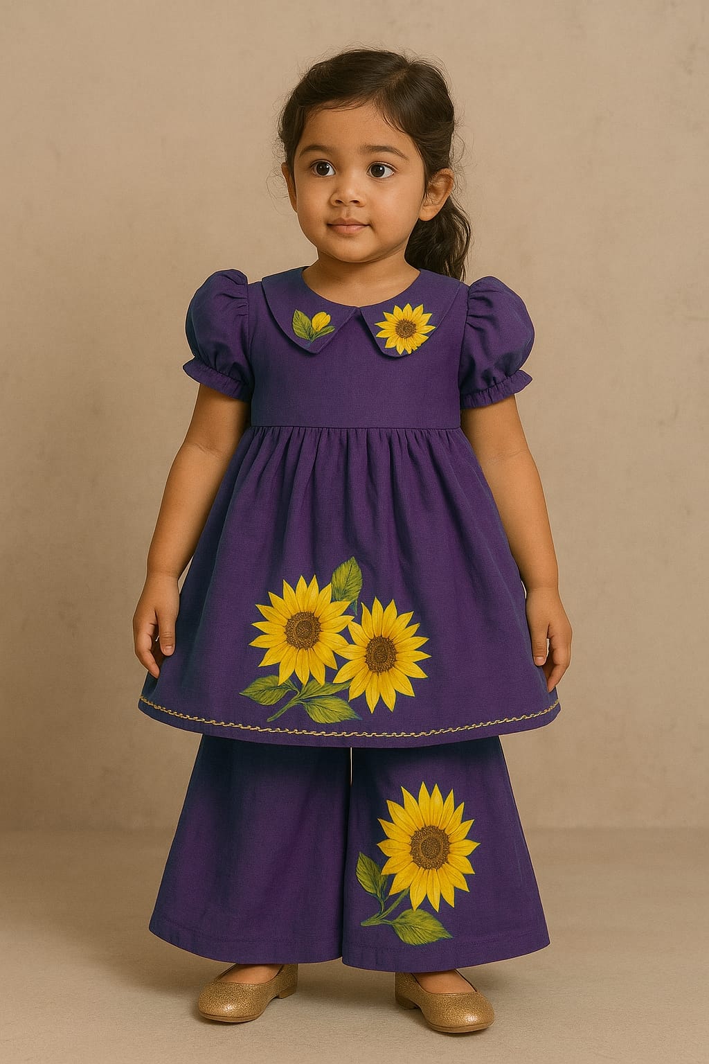 Pre Order: Yellow Sunflower Purple Hand Painted Top With Palazzo