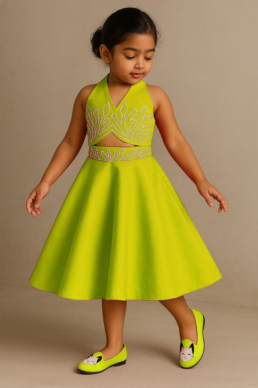 Pre Order: Exclusive Halter Neck Back Bow Enhanced Top With Flared Skirt