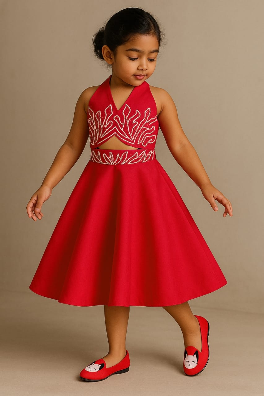 Pre Order: Exclusive Halter Neck Back Bow Enhanced Top With Flared Skirt