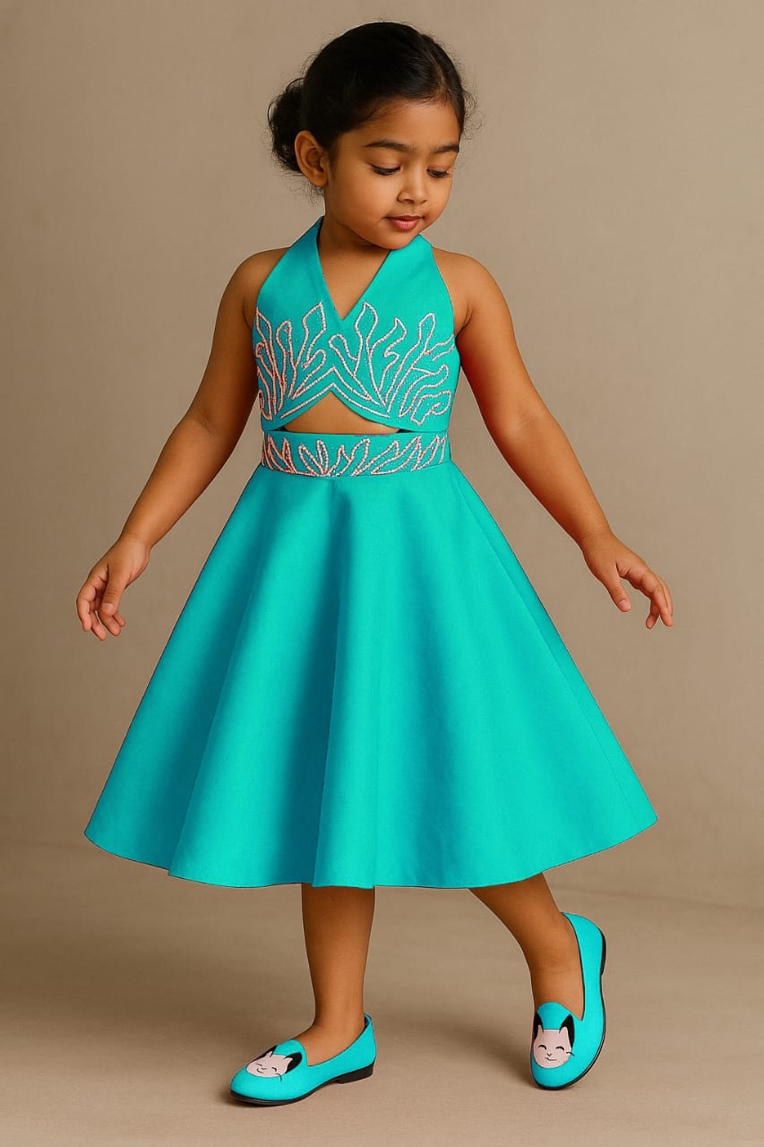Pre Order: Exclusive Halter Neck Back Bow Enhanced Top With Flared Skirt