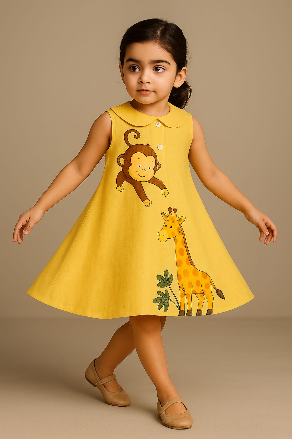 Pre Order: Monkey And Giraffe Yellow Hand Painted Dress