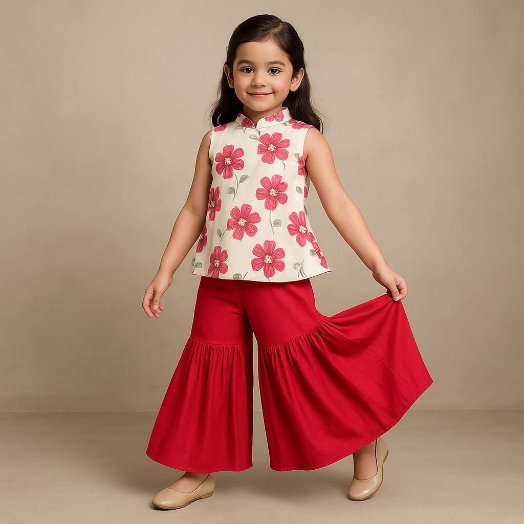 Pre Order: Cream Floral Hand Block Printed Top And Sharara