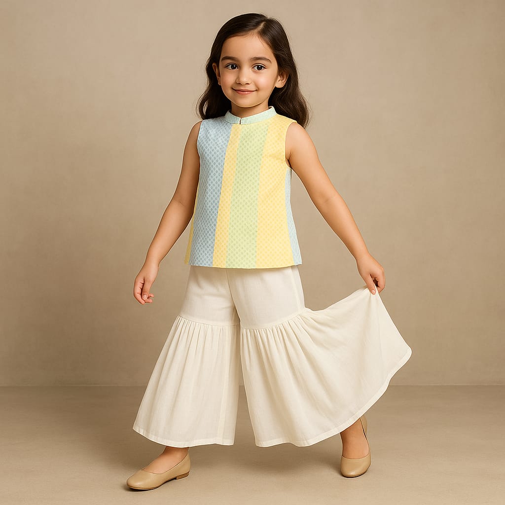 Pre Order: Cream Multicolour Printed Top And Sharara