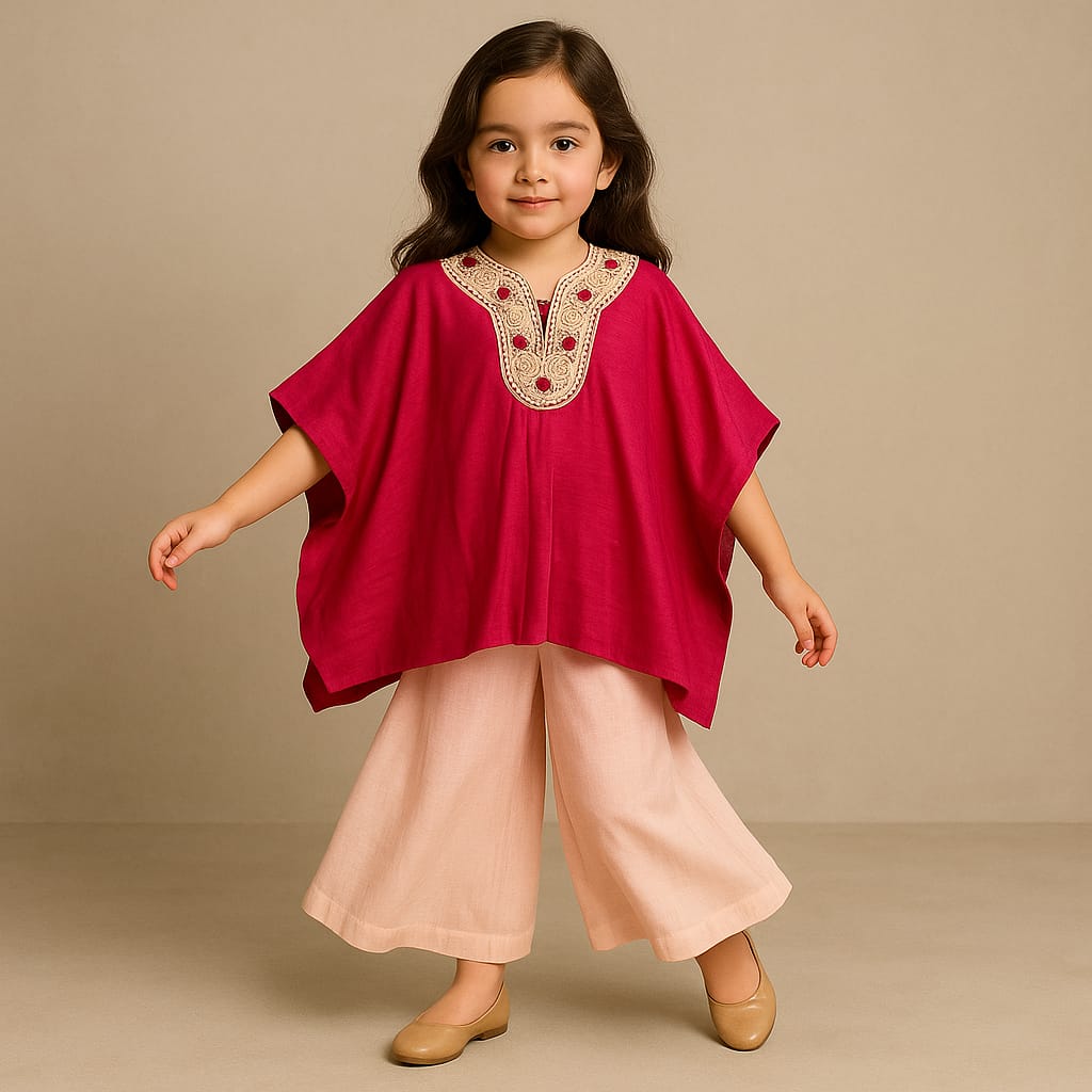 Pre Order: Pink Embroidered Kaftan Style Kurti And Palazzo