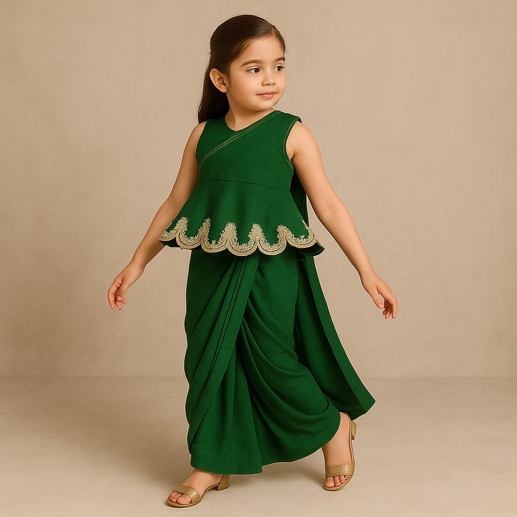 Pre Order: Green Lace Embroidered One Shoulder Top With Attached Pleated Dupatta And Stylish Dhoti Skirt