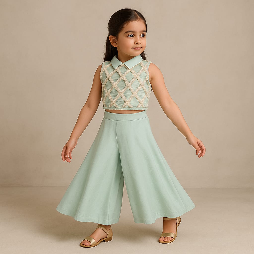 Pre Order: Sequin Embroidered Lace Detailed Top And Umbrella Style Flared Palazzo
