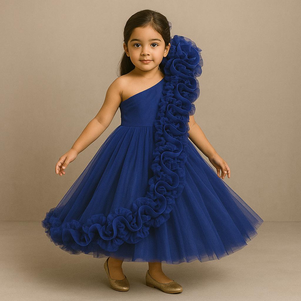 Pre Order: Royal Blue One Shoulder Ruffle Net Gown