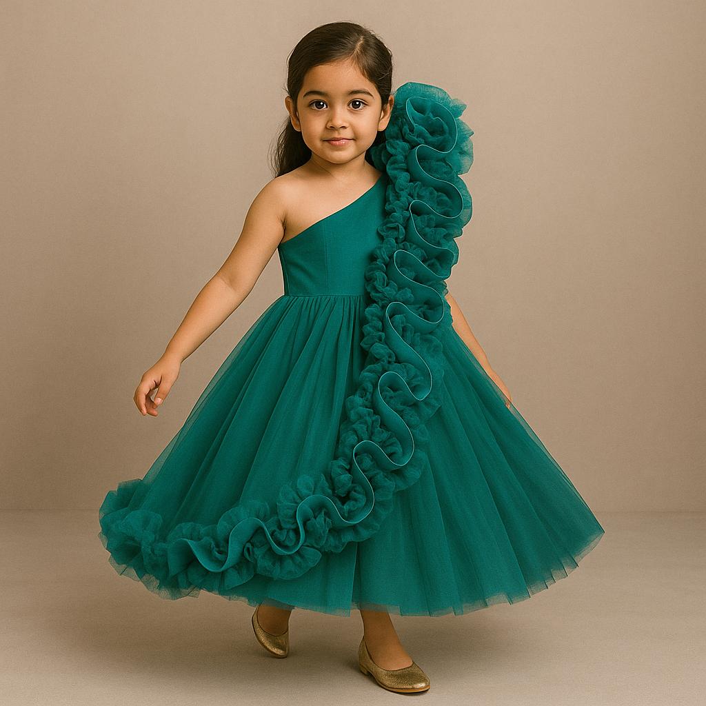 Pre Order: Elegant One Shoulder Ruffle Net Gown